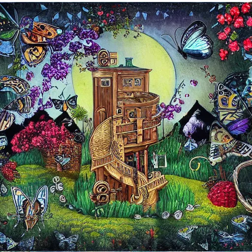 Prompt: a house with a tower, owl, butterflies, berries, lowbrow in the style of steve jones, 8 k, from far away,