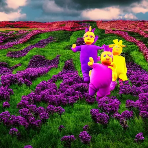 Prompt: a field of sinister teletubbies, film still, moody lighting, cinematic shot, vaporwave, dark and creepy, teletubbies in a field of flowers, the sun is a baby smiling sinisterly, 4 k, 8 k, masterpiece photo, award winning photography