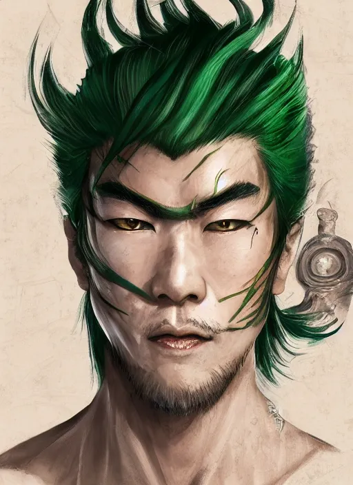 Image similar to a portrait of a japanese handsome man with green hair and a scar on his eye that uses 3 swords to battle, japanese demon aura behind him wearing a traditional samurai dress, intricate, highly detailed, digital painting, artstation, concept art, smooth, sharp focus, illustration, art by Charlie Bowater and Gustave Baumann, matte painting