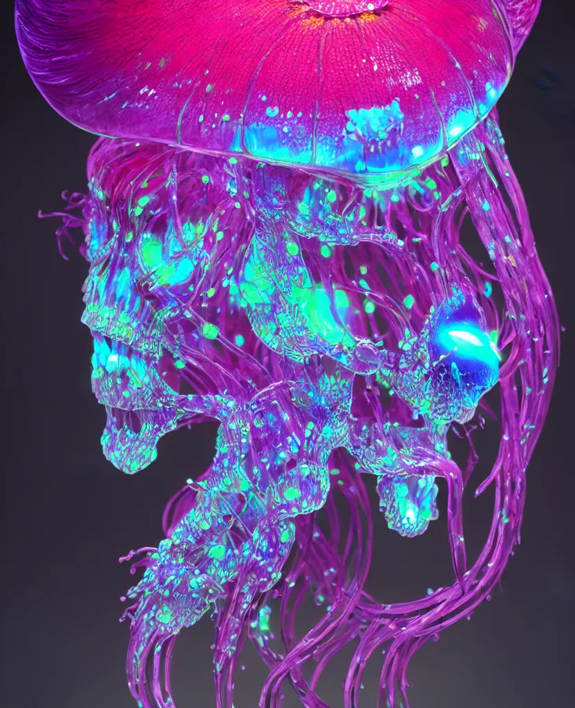 Image similar to close-up portrait of skull dichroic orchid jellyfish skull, betta fish, bioluminiscent creatures, intricate artwork by Tooth Wu and wlop and beeple. octane render, trending on artstation, greg rutkowski very coherent symmetrical artwork. cinematic, hyper realism, high detail, octane render, 8k