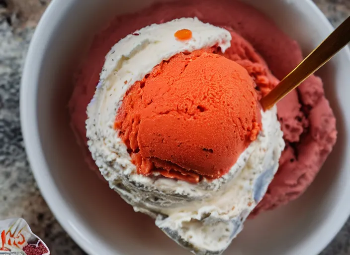 Image similar to dslr food photograph of salmon roe ice cream sundae, 8 5 mm f 1. 8