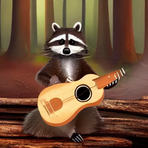 Prompt: a photorealistic raccoon playing a wooden ukulele by a campfire, dark forest in the background