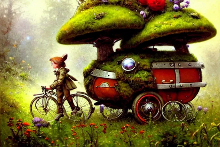 Prompt: adventurer ( ( ( ( ( 1 9 5 0 s retro future robot android mouse wagon in forrest of giant mushrooms, moss and flowers stone bridge. muted colors. ) ) ) ) ) by jean baptiste monge!!!!!!!!!!!!!!!!!!!!!!!!! chrome red