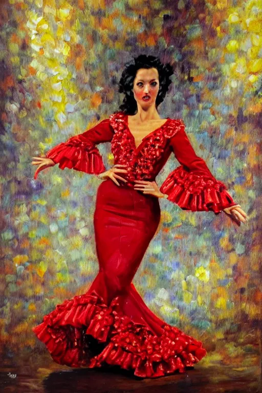 Image similar to vintage detailed oil painting of spanish flamenco dancer in mallorca wearing a red dress made of flowers, dress on fire, dimly lit by candles on the ground, looking away, dark shadows, photo realistic, extreme detail skin, no filter, slr, 4 k, high definition