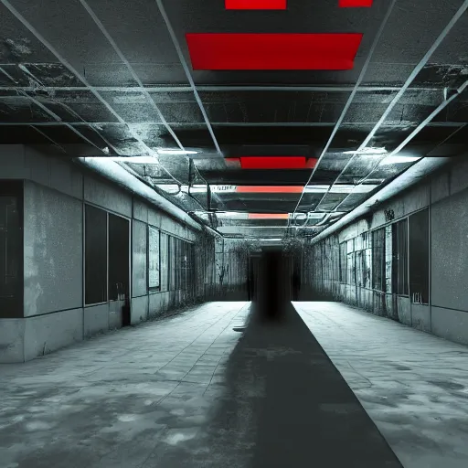 Prompt: cctv of an extremely dark empty abandoned building with glowing humanoid cryptid made out of television static, dark deep black shadows, red and black color contrast in the style of trevor henderson, liminal space, 3 d render, glitch effect