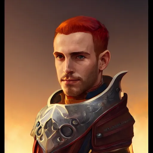 Prompt: character portrait, D&D, male half-elf, artificer, short red hair shaved on sides, white jacketed, half-plate armor, artstation, ultra detailed, in the style of Greg Rutkowski