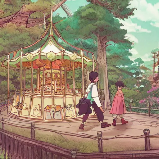 Image similar to a fantasy carousel in the style of studio ghibli, makoto shinkai