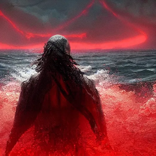 Prompt: anti - christ rising from a red ocean. ominous. vivid color detailed photograph from a 2 0 2 0 s blockbuster vfx horror movie. a small capsized boat in the background.