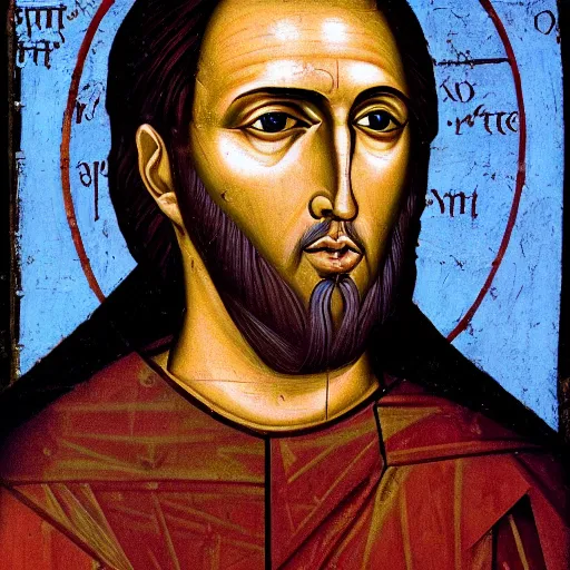 Image similar to A detailed portrait Nicolas Cage, 7th century byzantine iconography, historical