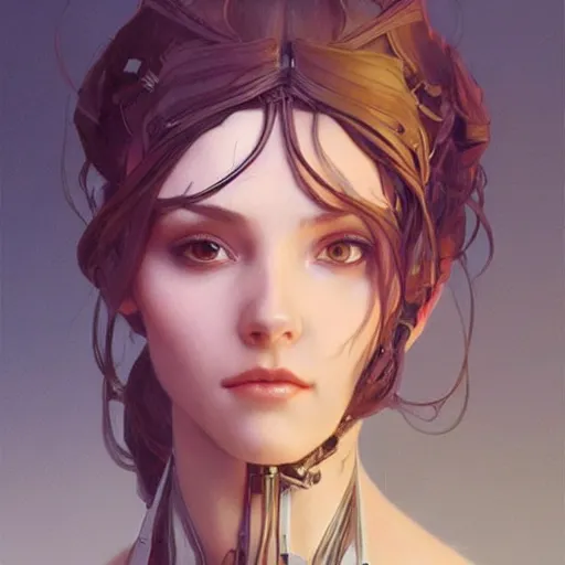 Image similar to female robot, incredibly detailed face, pretty face, true anatomy, art by artgerm and greg rutkowski and alphonse mucha