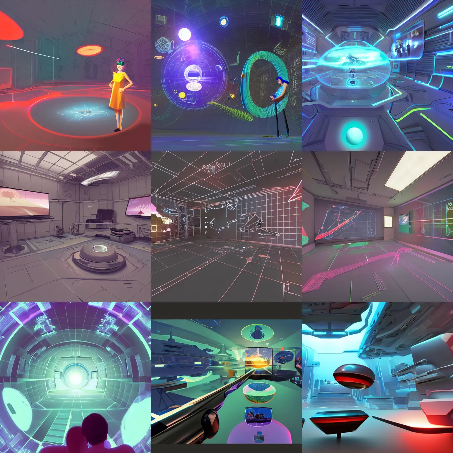 Prompt: VR gameplay screenshot. Realistic depth. Fantastic lighting. Digital illustration artwork drawing cartoon masterpiece. Trending on Artstation, Behance, Pixiv, Deviantart, google images, youtube, reddit.com/r/ by Syd Mead. 3d version of a desktop interface in roomscale. Ideas represented within thought bubbles and symbolic pictograms. Somebody using a holographic 3d mind map within a room-space. User interface. Award-winning. UX/UI. User experience. Natural intuitive expressive. Multi-layered. Graspable. Easy. Complex.