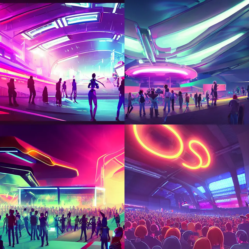 Prompt: a futuristic neon light concert arena concept art with a small but excited crowd, digital key art, artstation trending, valorant, overwatch, open skies,