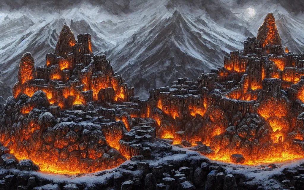 Prompt: a dwarven fortress that was chiseled out of a snowy mountain, matte oil painting, covered in runes, lava rivers, epic, medieval fantasy landscape, deep halls, torches, waterwheels, ornate jewels, trading depots, steel infrastructure, extremely detailed, sharp focus