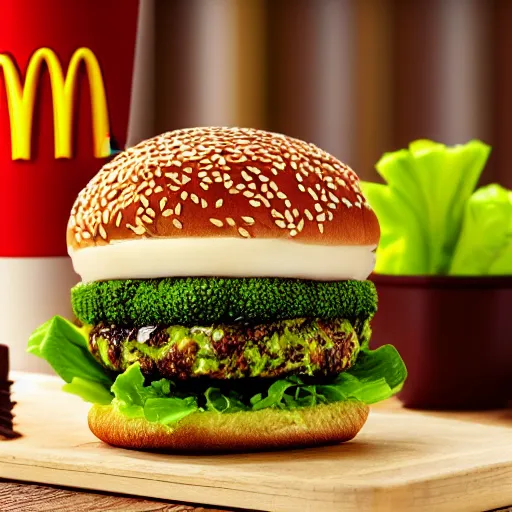 Image similar to promotional photo portrait of the new broccoli burger from mcdonalds, uhd, 8k,