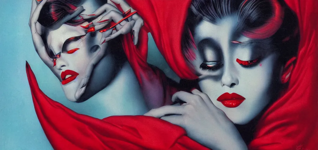 Prompt: an 8 0 s close up portrait of a woman with dark eye - shadow and red lips with dark slicked back hair dreaming acid - fueled hallucinations by serge lutens, rolf armstrong, delphin enjolras, peter elson, flat surreal psychedelic colors, background of classic red cloth