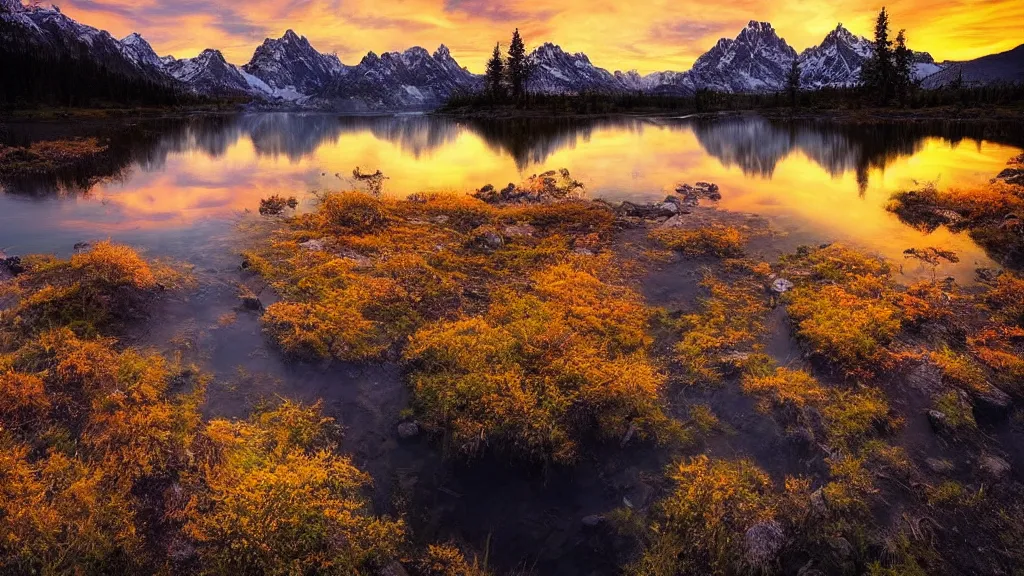 Image similar to amazing lake view photo of golden taiga in sunset by marc adamus, beautiful dramatic lighting