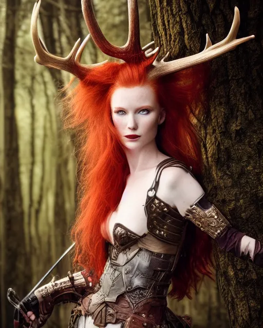 Image similar to 5 5 mm portrait photo of an armored redhead woman with a sword, and antlers growing from her head, in a magical forest. by luis royo. highly detailed 8 k. intricate. lifelike. soft light. nikon d 8 5 0. cinematic post - processing