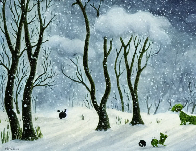 Prompt: lush chia pet animal frolicking in snowy woods, stormy skies. russian fairytale art, gouache, dynamic composition, backlighting