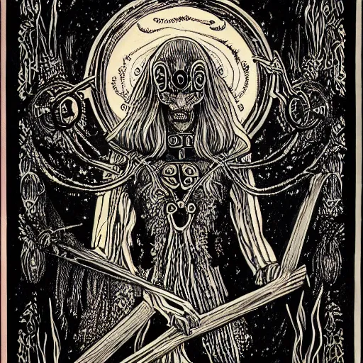 Prompt: black paper + tarot card + pinocchio from The Lord of the Rings, vintage detailed fantasy illustration designed by Gerald Brom + psychedelic black light style + intricate ink illustration + symmetry + elden ring
