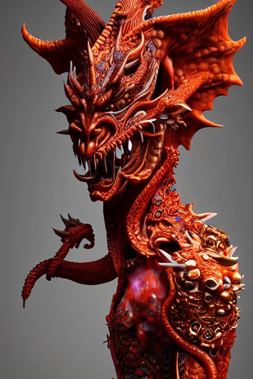 Image similar to a closeup portrait photo, alabaster and ruby real delicate ceramic porcelain sculpture of an ornate detailed humanoid dragon demon devil god in front of an intricate background by rafael, micro detail, backlit lighting, subsurface scattering, translucent, thin porcelain, fire, flames, amber, octane renderer, colorful, physically based rendering, trending on cgsociety