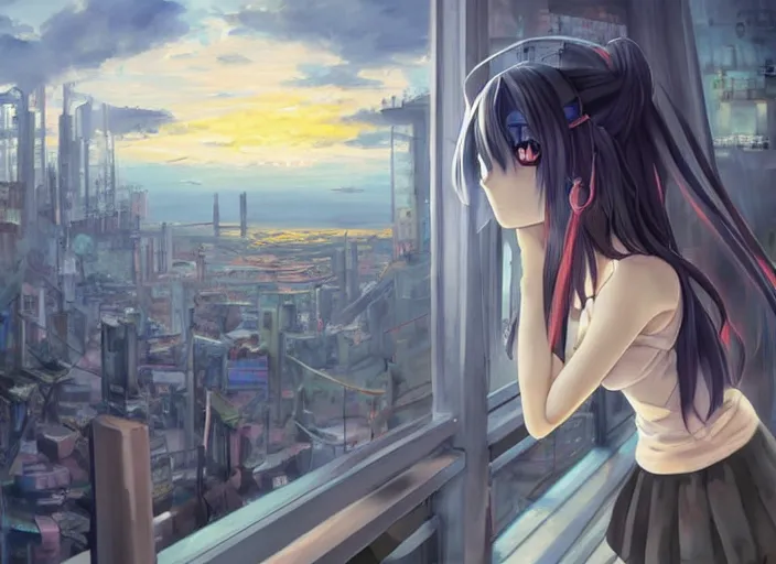 Image similar to anime girl in skirt looking out the window at megopolois and sunset, dynamic composition, motion, ultra-detailed, incredibly detailed, a lot of details, amazing fine details and brush strokes, colorful and grayish palette, smooth, HD semirealistic anime CG concept art digital painting, watercolor oil painting of Clean and detailed post-cyberpunk sci-fi close-up schoolgirl in asian city in style of cytus and deemo, blue flame, relaxing, calm and mysterious vibes,, by a Chinese artist at ArtStation, by Huang Guangjian, Fenghua Zhong, Ruan Jia, Xin Jin and Wei Chang. Realistic artwork of a Chinese videogame, gradients, gentle an harmonic grayish colors. set in half-life 2, Matrix, GITS, Blade Runner, Neotokyo Source, Syndicate(2012), dynamic composition, beautiful with eerie vibes, very inspirational, very stylish, with gradients, surrealistic, dystopia, postapocalyptic vibes, depth of field, mist, rich cinematic atmosphere, perfect digital art, mystical journey in strange world