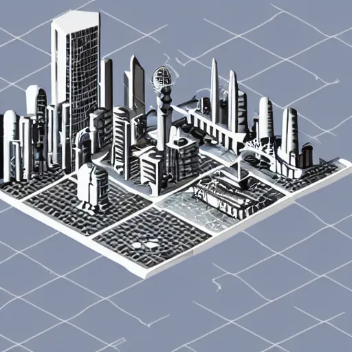Prompt: isometric model of a futuristic city