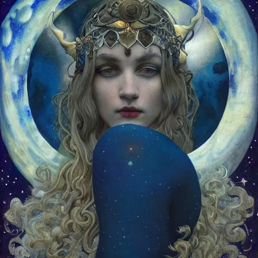 Prompt: queen of the moon with stars in her hair, by tino rodriguez and annie swynnerton and nicholas roerich and jean delville and donato giancola and tom bagshaw and lucien freud, dramatic lighting, goth tattoos, rich colors, smooth sharp focus, extremely detailed, adolf wolfli