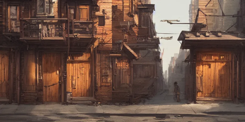 Image similar to photo of a wooden door and wooden facade on a city street in new york. architecture. trending on artstation. cgsociety. art by greg rutkowski and moebius.