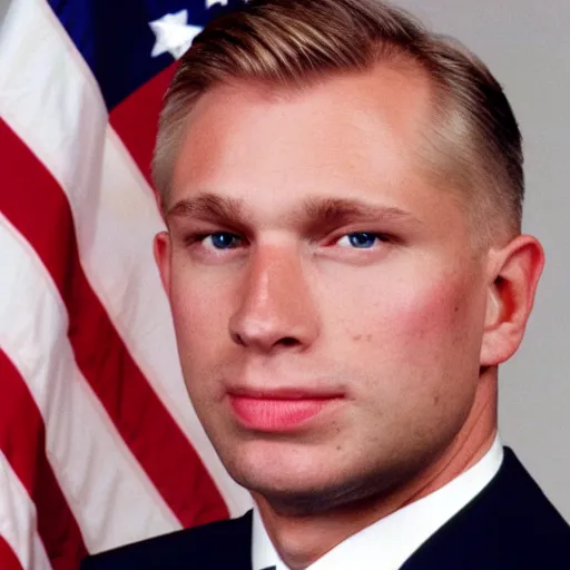 Image similar to official portrait of the united states president, 1994. He is a 35 year old white man from Texas with blond hair and a scar on his cheek.