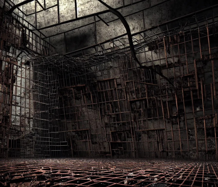 Prompt: creepy huge suffering humanoid with long limbs sits. an underground very dark gloomy multi - layered structure of rusty thick iron grates, dense chain - link fencing and peeling walls. inside view, collapsed floors, bent rusted iron, masterpiece, black background, corners, cinematic, hyperdetailed, photorealistic, hyperrealism, octane render, shadows