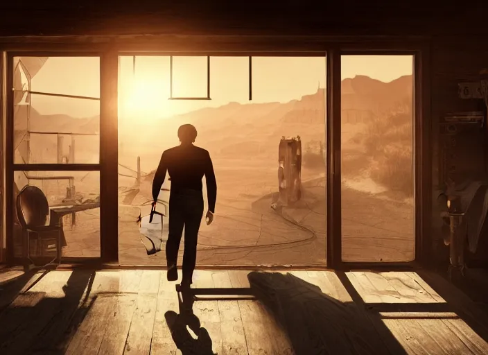 Image similar to elon musk walking through the door of a saloon, wild west, sunset, desert, dusty, sunbeams. digital illustration, colors, soft lighting, adventurous, atmospheric lighting, 8K, octane render. By Makoto Shinkai, Stanley Artgerm Lau, WLOP, Rossdraws, James Jean, Andrei Riabovitchev, Marc Simonetti, krenz cushart, Sakimichan, D&D trending on ArtStation, digital art.