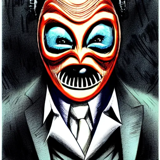 Prompt: a full shot of businessman wearing a creepy noh mask and pinstripe suit looming, character concept art by tim bradstreet