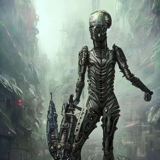 Image similar to Futuristic female soldier in armour standing in a machine city with alien plants, highly detailed, fractals, ornate, cinematic, 8k, by Stanley Artgermm, Tom Bagshaw, Greg Rutkowski, Carne Griffiths, Ayami Kojima, Beksinski, Giger, trending on DeviantArt, hyper detailed, full of color, digital art,