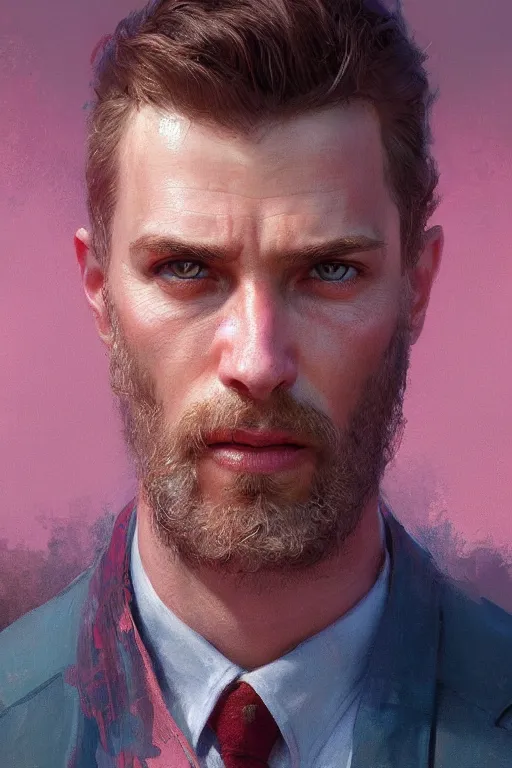Prompt: painted portrait of realistic wold wearing pink shirt, mature, handsome, blue eyes, intricate, digital painting, artstation, concept art, smooth, sharp focus, illustration, art by gaston bussiere and greg rutkowski