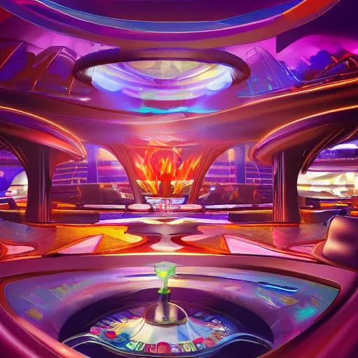 Prompt: futuristic casino, crisp, artistic, artstation, luxury, las vegas, beautiful, concept art, cartoon, dim painterly lighting volumetric aquatics