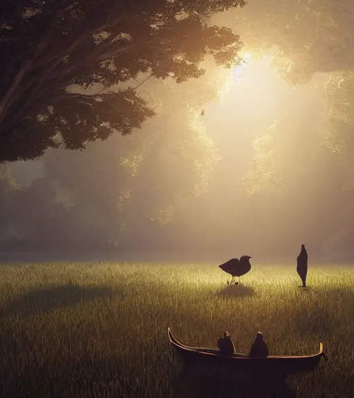 Image similar to three crows standing in a boat in a swamp, the reflection of the swamp, volumetric lighting, fog, majestic light, octane render, ethereal glare of the sun, hyperrealistic, epic, masterpiece, by makoto shinkai
