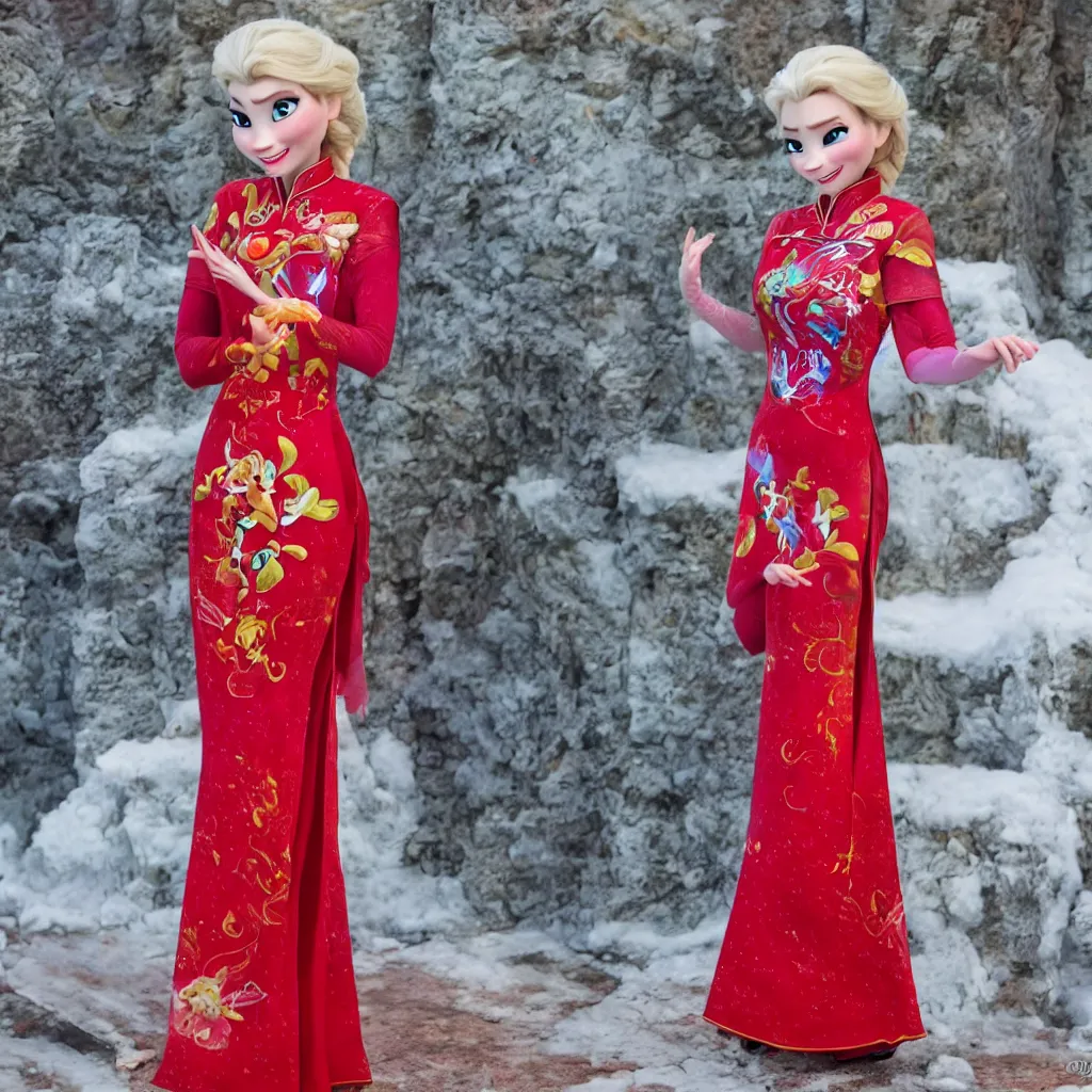 Image similar to elsa is wearing a chinese red cheongsam, frozen, disney style.
