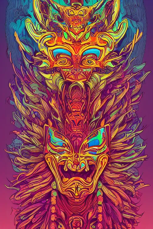 Image similar to animal mask totem roots tribal feather gemstone plant wood rock shaman vodoo video game vector illustration vivid multicolor borderlands comics by josan gonzales and dan mumford radiating a glowing aura