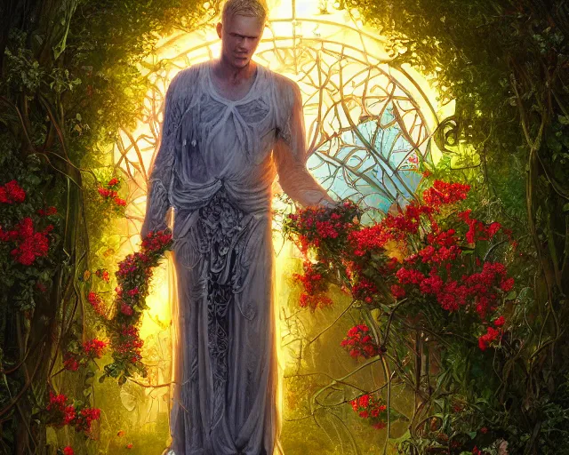 Image similar to paul bettany as angel is covered in vines and flowers standing in front of a beautiful cottage, a digital painting by thomas canty and thomas kincade and ross tran, art nouveau, atmospheric lighting, trending on artstation