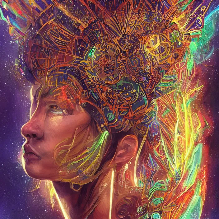 Image similar to portrait of a future metaverse ayahuasca tech shaman warrior, 2 d cartoon, visionary art, symmetric, magick symbols, holy halo, shipibo patterns, sci - fi, concept art, trending on art station, 8 k digital art, by mandy jurgens, fantasy portrait art, anime