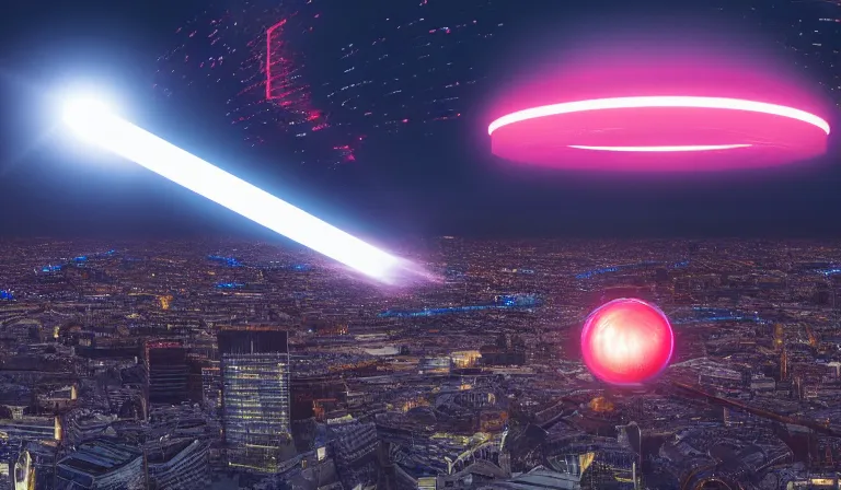 Prompt: city of london being vaporized by the death star high up in the atmosphere, photorealistic, sci fi, neon, futuristic, 8k ,