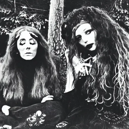 Prompt: 1969, witchcraft, psychedelic hippies, goths, long-haired witch, coven, rockers, rural New York, Polaroid