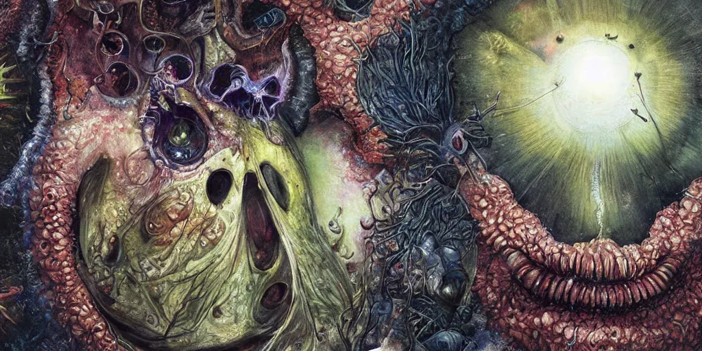 Image similar to a beautiful dreamy painting of a coronavirus inside a high-resolution television screen, laughing alien face, dark, sinister, detailed, art by Ernst Haeckel and Matt Lombardi and Greg Rutkowski-H 576