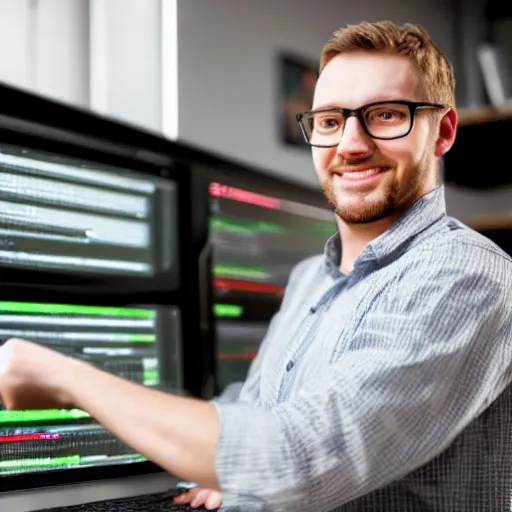 Image similar to a programmer finally fixed a bug in his code after trying for a long time, looking relieved and happy