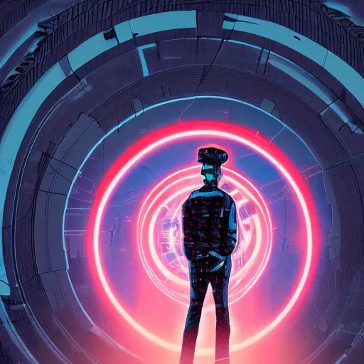 Image similar to in the style of max prentis and deathburger and laurie greasley a young man wearing a cyberpunk headpiece who is standing in front of a large circular ancient glowing portal, highly detailed, 8k wallpaper