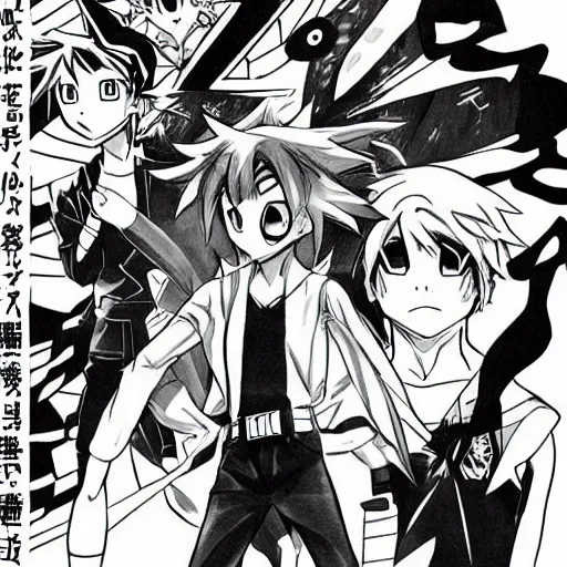 Image similar to young anime hero, illustrated by mato and ken sugimori, manga, black and white illustration