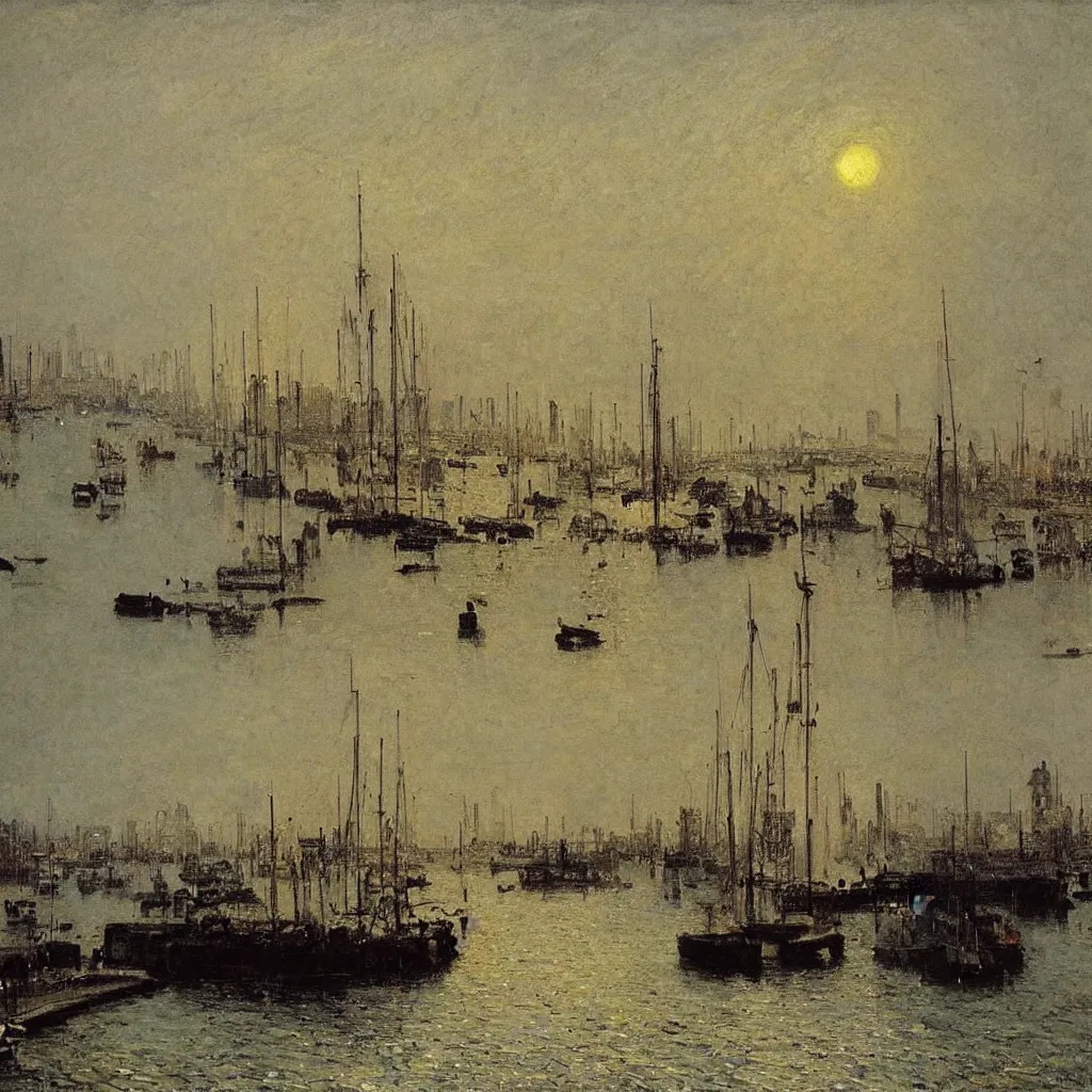 Prompt: the harbour by turner and Atkinson Grimshaw and Matisse