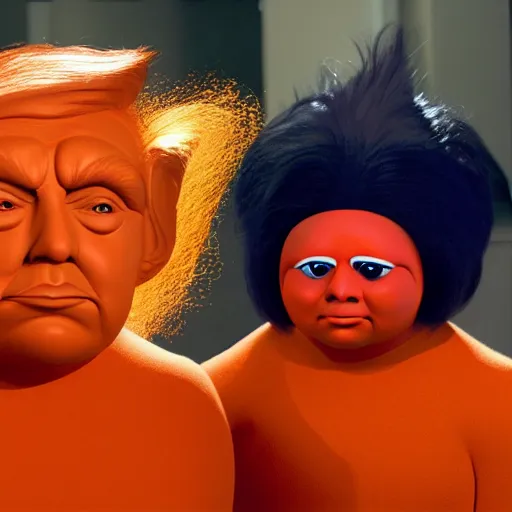 Image similar to an Oompa Loompa silently judging trump for being way too orange, trending on artstation, hyper realistic, 8k resolution