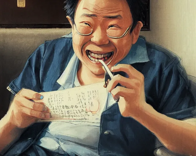 Image similar to a 50 year old brunnete happy chinese man with puffy cheeks sitting on a couch at home and talking on the phone, close up shot, anime art, Greg Rutkowski, studio ghibli, dramatic lighting