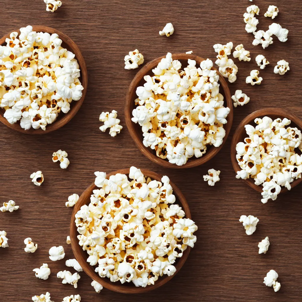 Prompt: top down view with popcorn on top of a wooden table, wallpaper, 4k, photorealistic